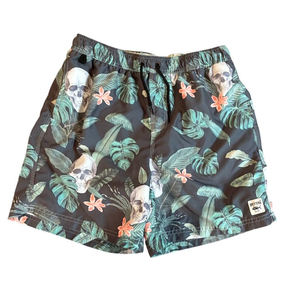 Mens Medium Spicy Tuna‎ Tropical Skull Print 5" Mesh Lined Swim Trunks EUC